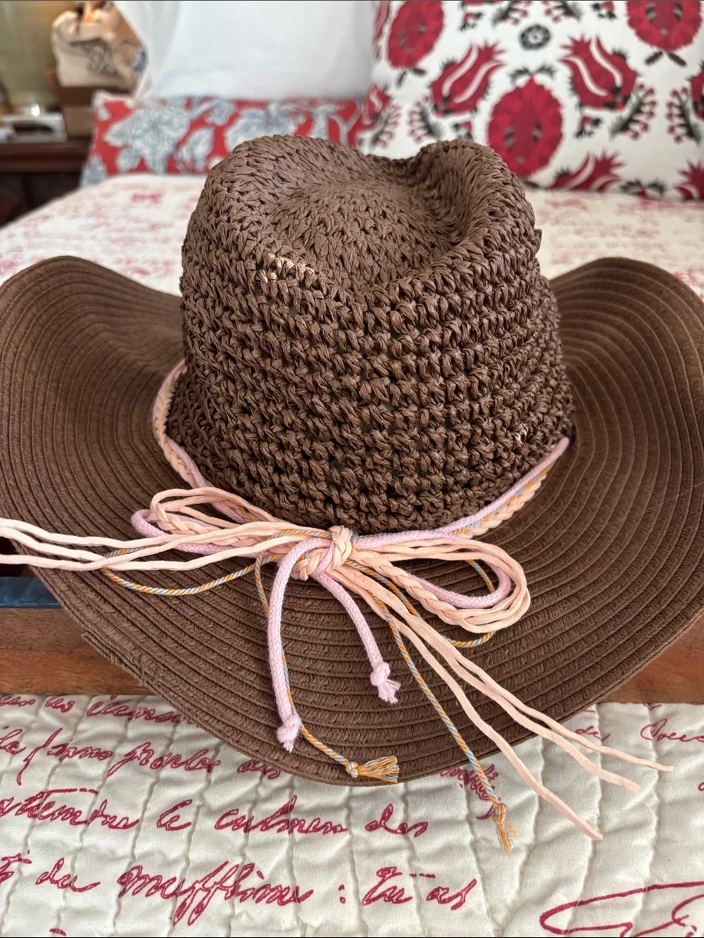 NWT Vince Camuto Brown Braided Straw Bucket Hat with Pink Beaded Accent Band